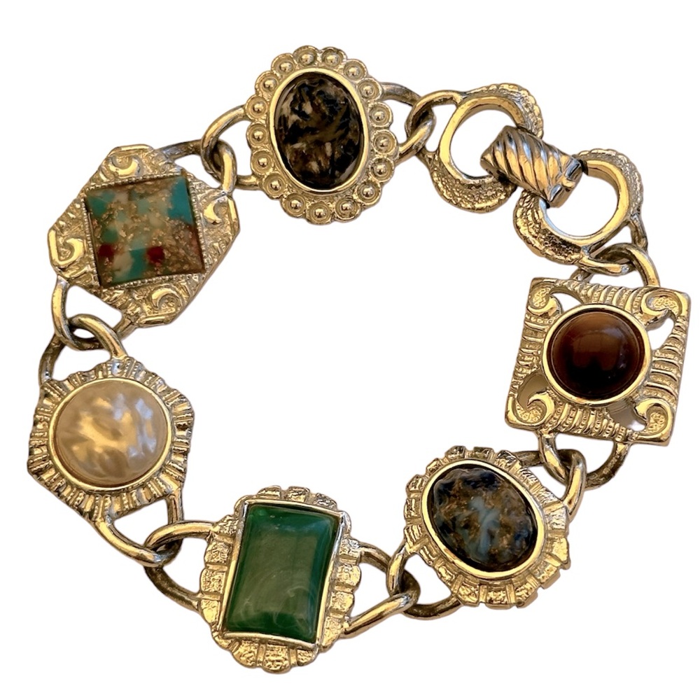 Vtg Sarah Coventry Silver Tone Faux Multi Colored Gemstones Chunky Bracelet 60s